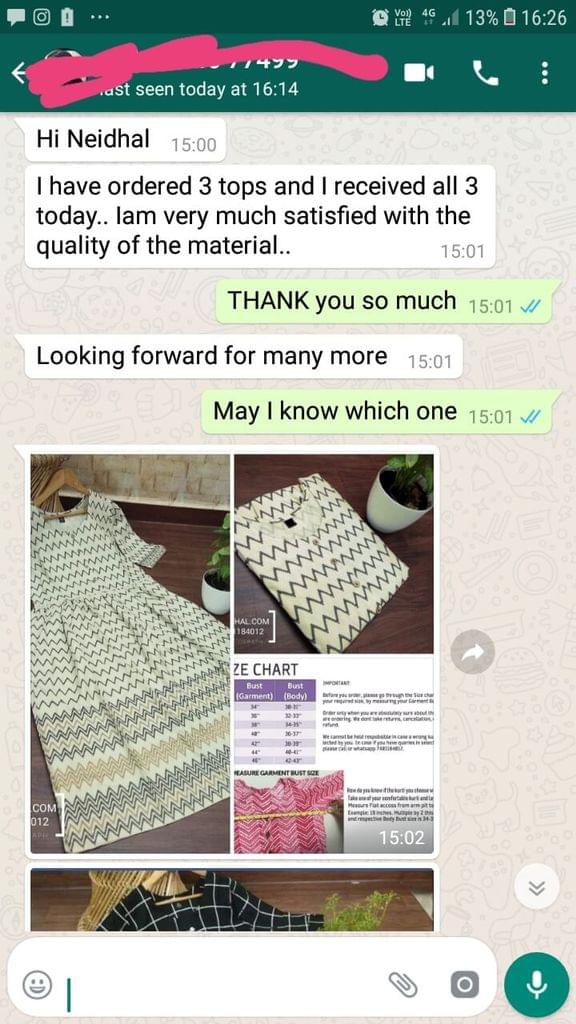 I have ordered 3 tops... I received all 3  today... I'am very much satisfied with the quality of the material... Looking forward for many mare. -Reviewed on 30-April-2019