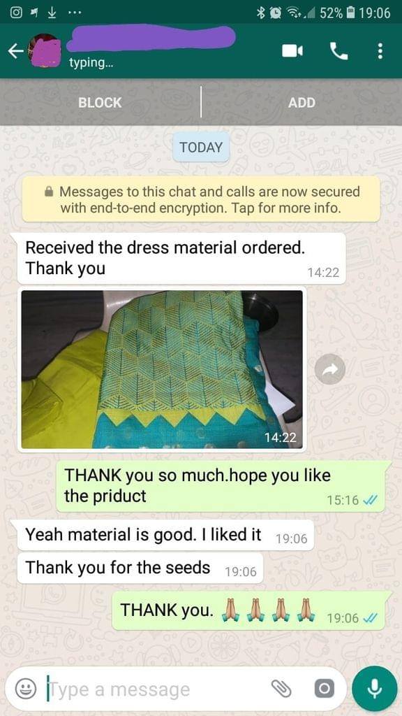 Received the dress material ordered... Thank you... Yeah material is good... I liked it... Thank you for the seeds. -Reviewed on 17-Jun-2019