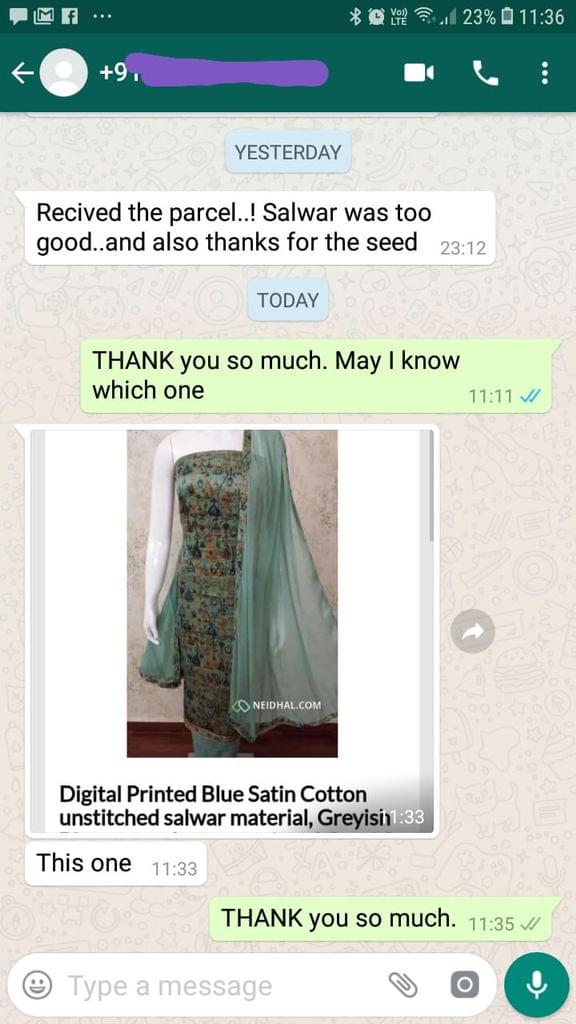 Received the parcel... Salwar was too good... And also thanks for the seeds.  -Reviewed on 03-Jul-2019