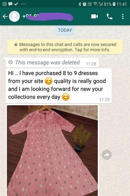 I have purchased 8 to 9 dresses from your site quality is really good... And i am looking forward for new your collection every day. -Reviewed on 12-Jul-2019