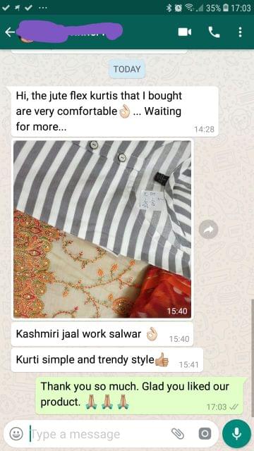 The jute flex Kurtis that i bought are very comfortable... Waiting for more... Kashmiri jaal work salwar nice... Kurti simple and trendy style... Good. -Reviewed on 16-Jul-2019