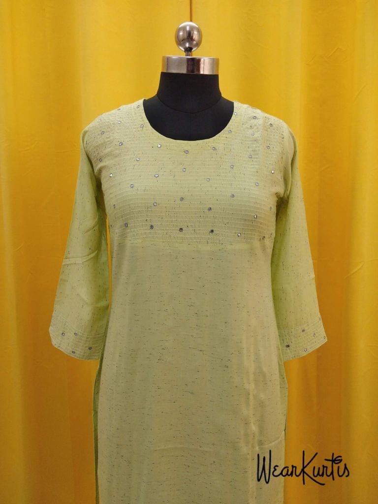 Printed Green Liquid fabric kurti with thread and foil mirror work on yoke(Refer Size chart, 3rd pic before ordering, No Refund, No Return, No exchange, No cancellation),Round Neck, Height 46, 3/4 Sleeves, side slits.