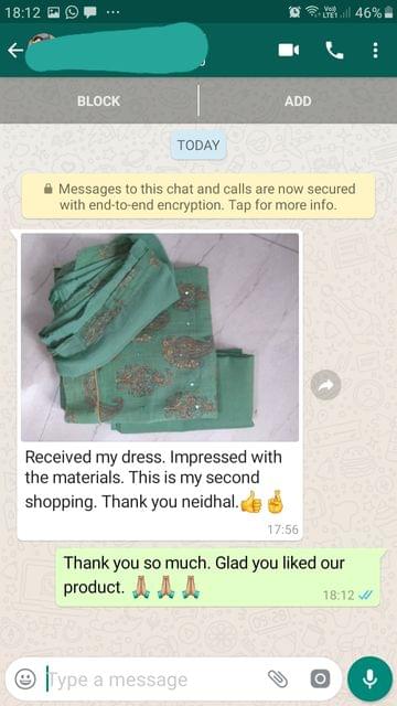 Received my dress... Impressed with the materials... This is my second shopping... Thank you Neidhal... I'ts too good. -Reviewed on 01-Aug-2019