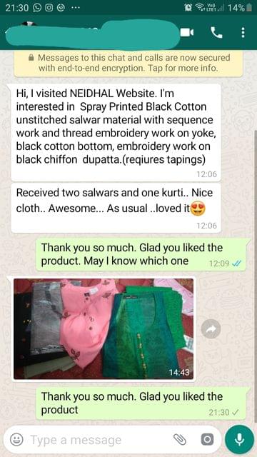 I received two salwar and one kurti... Nice cloth... "Very awesome"... "As usual loved it". -Reviewed on 06-Aug-2019
