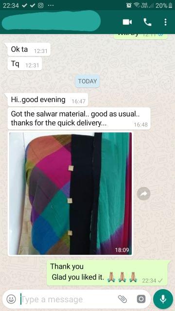 I got the salwar material... Good as usual... Thanks for the quick delivery... Good thank you. -Reviewed on 19-Aug-2019