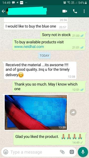 I received the material... I'ts awesome!!!!... And of good quality... Thank you for the timely delivery... Very nice. -Reviewed on 30-Aug-2019