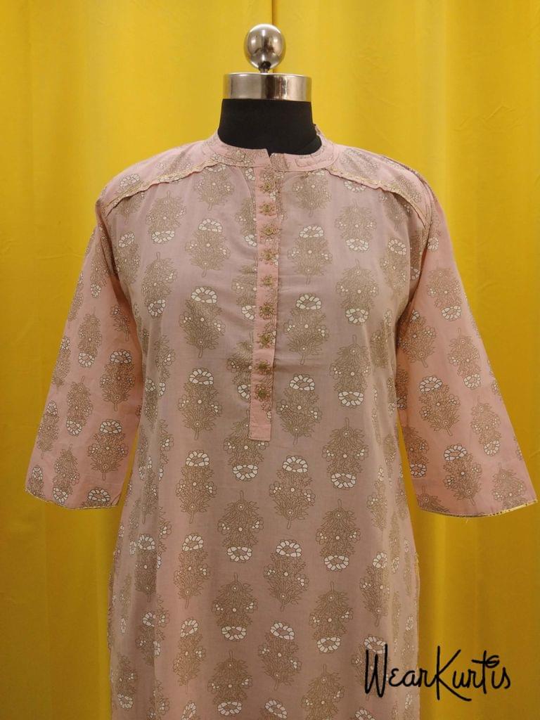 Peachish Pink Cotton Kurti with  Front open placket with Golden Prints(Refer Size chart, 3rd pic before ordering, No Refund, No Return, No exchange, No cancellation), Mandarin collar, Height 44, 3/4 sleeves, side slits, rope tassels at the slits