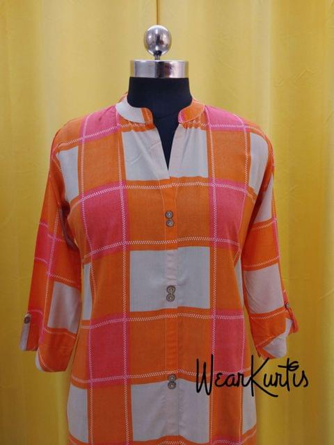 Checked Beige and Orange Soft Modal checked Kurit(Refer Size chart, 3rd pic before ordering, No Refund, No Return, No exchange, No cancellation), Mandarin Collar, Height 45, 3/4 Sleeves, front and side slit