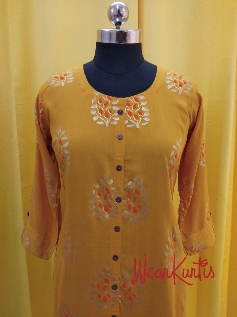 Golden Printed Yellow Modal fabric  Kurti with  Front closed placket (Refer Size chart, 3rd pic before ordering, No Refund, No Return, No exchange, No cancellation), Round Neck, Height 45, 3/4 sleeves with flaps, front and side slits.