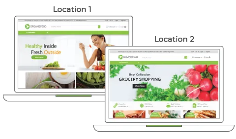 2 laptops showing different store-designs for geolocation-based hyperlocal ecommerce grocery stores in Gurgaon & Delhi.