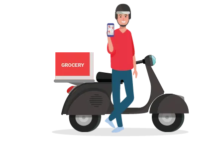 Delivery boy and his scooter. Delivery boy showing StoreHippo powered delviery management software's app in his mobile.