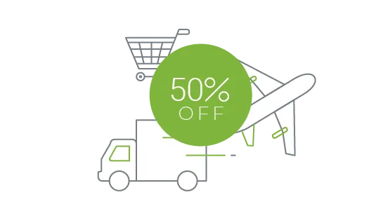 An aeroplane, truck and shopping cart with 50% off symbol representing StoreHippo's discounted ecommerce logistics.