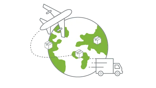 A globe with 3 parcels & flight and truck used to depict StoreHippo's international ecommerce logistics solutions.