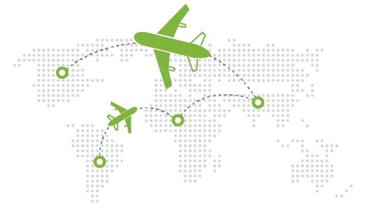 World map icon with pinned location and flight  routes showing  trackable ecommerce logistics with StoreHippo.