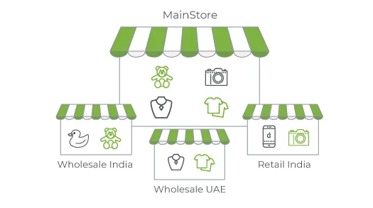 3 sub-stores managed by common central admin using multi-store featureoffered as part of StoreHippo B2B ecommerce solutions.