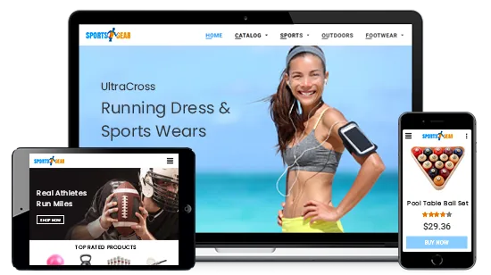 Multi-device optimized online sporting goods store powered by StoreHippo ecommerce platform.
