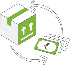 Infographic of a parcel box & currency notes showing COD & offline payment support offered by StoreHippo.