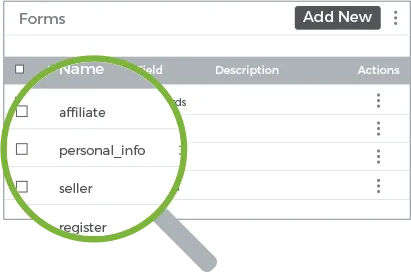 Form builder feature of StoreHippo showing a set of common inbuilt forms like personal info, affiliate etc.