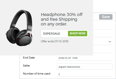A headphone selling storefront & backend interface powered by StoreHippo showing time-specific promotion offer.