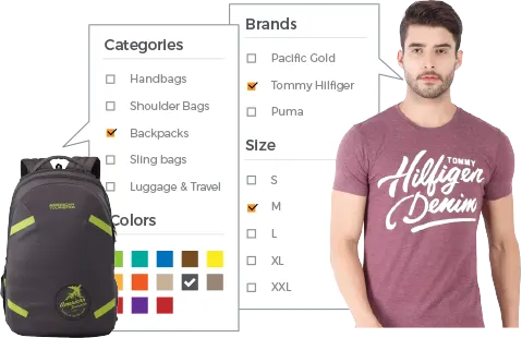 Faceted search feature of StoreHippo showing filtering based on brands & categories on a merchandise online store.
