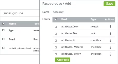 Interface StoreHippo's faceted search feature showing inbuilt and custom facet groups for an online store.