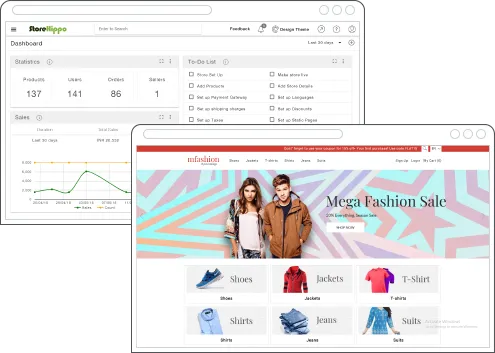 2 laptop screens showing a fashion online store frontend & admin panel replatformed to StoreHippo