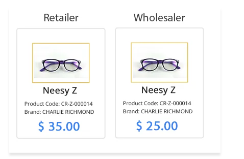 Product management software of StoreHippo powered glasses website showing pricing override feature for a pair of glasses.