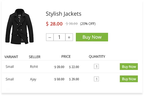 Product management software of StoreHippo powered jackets marketplace showing different prices offered by vendors for a jacket.
