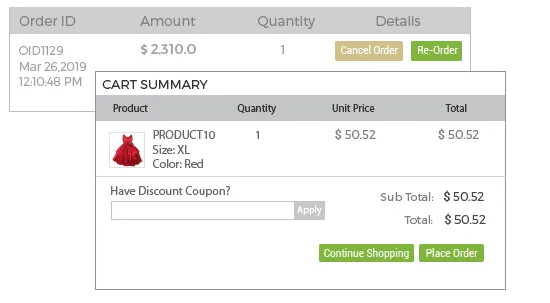 StoreHippo powered order management system's inbuilt reorder feature with old order details and reorder button.