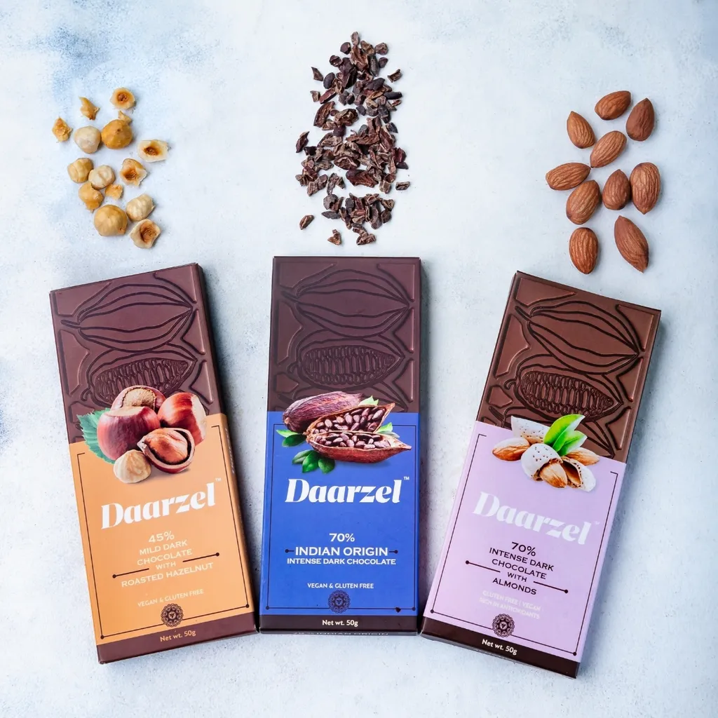 Dark Chocolate with Hazelnut (45% Cocoa),  Almond (70% Cocoa), Indian Origin (70% Cocoa) | Gluten-Free | Vegan | 3 x 50 gm