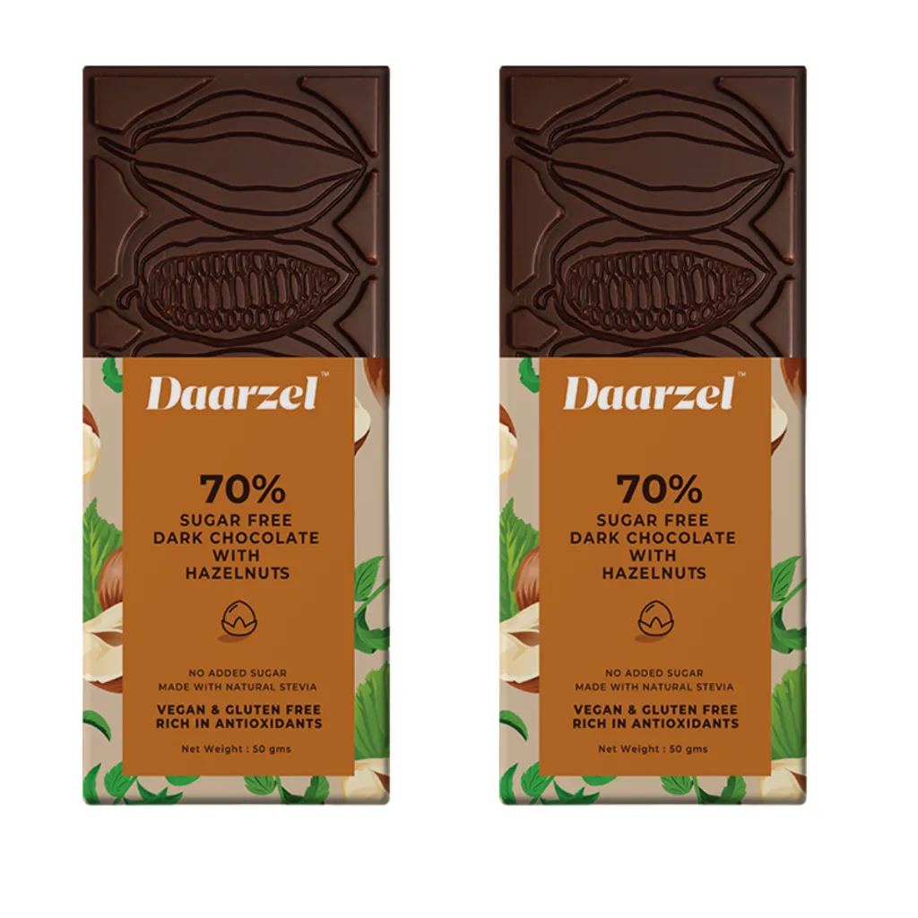 Dark Chocolate | 70%  Cocoa With Hazelnuts Sugar Free  | Vegan | Gluten Free | No Added Sugar | Made with Stevia | 50 mg x 2