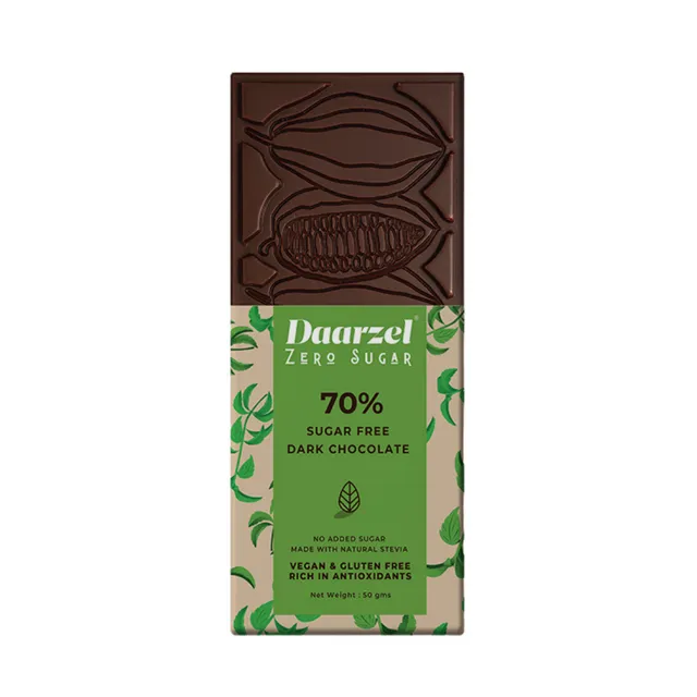 Dark Chocolate 70%  Cocoa | Vegan | Gluten Free | No Added Sugar | Made with Stevia| Non GMO | Low Carb |  Daarzel Zero Sugar Bars | 50 gm