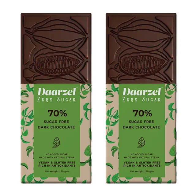 Dark Chocolate 70%  Cocoa | Vegan | Gluten Free | No Added Sugar | Made with Stevia| Non GMO | Low Carb | Pack of 2 Daarzel Zero Sugar Bars | 100 gm