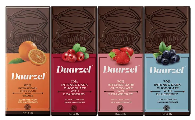 Dark Chocolate 65% to 70% Cocoa ( Pack of 4 | Orange, Cranberry, Blueberry and Strawberry ) Vegan | Gluten Free | Daarzel Bars |200 gm