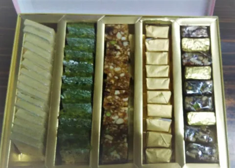 Assorted Sweet Box of Kaju Barfi, Mewa Bite, Mix Dhamaka, SPecial Date Nut Barfi, Pista Louge