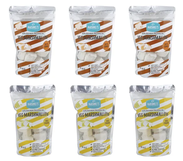 Salted Caramel - 3 packs , Cheese Pineapple - 3 packs-  60g x 6 packs - Veg Marshmelts Marshmallow