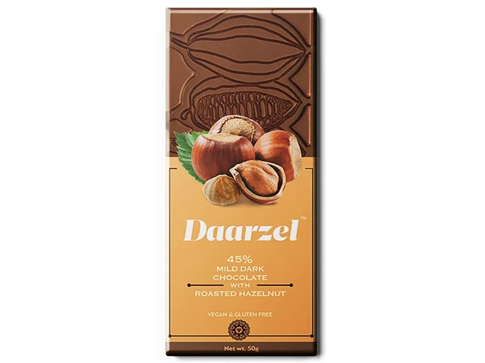 Dark Chocolate Roasted Hazelnut with 45% Cocoa ( Pack of 4)| Vegan & Gluten Free | 200 g Daarzel Bars
