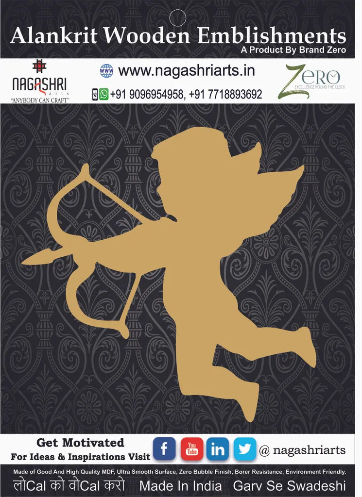 Brand Zero MDF Emblishment Angel Design 3 - Size: 2.0 Inches by 2.0 Inches And 2.5 mm Thick