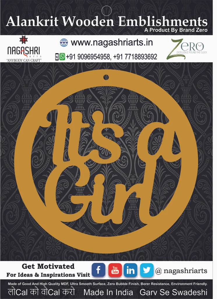 Brand Zero MDF Embellishment Its A Girl In Circle Design 1 - Size: 2.0 Inches by 2.0 Inches And 2.5 mm Thick