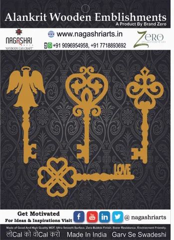 Brand Zero MDF Embellishment Vintage Keys Combo of 4 Pcs - 3 Inches Height & 2.5mm Thickness