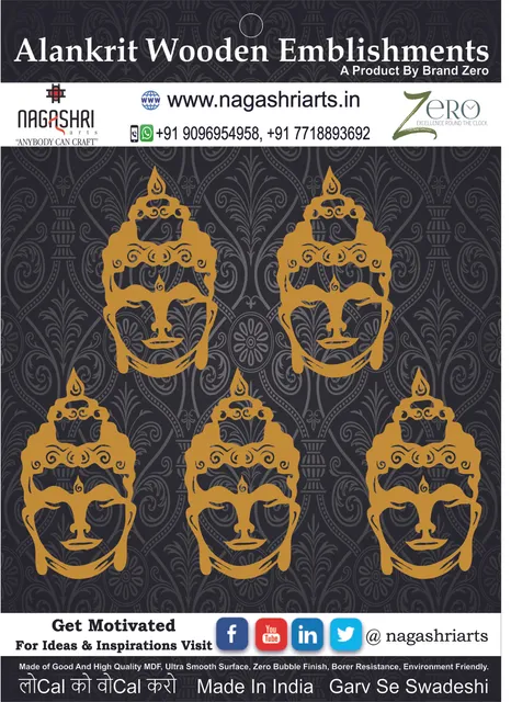 Brand Zero MDF Emblishment Buddha Face Design 1 - Combo of 5 Pcs - 4.0 By 2.2 Inches in 2.5mm Thickness