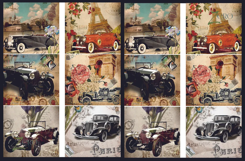 Brand Zero Luxury Speciality Decoupage Paper - Vintage Cars Love 2 Tiles