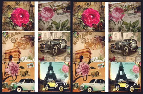 Brand Zero Luxury Speciality Decoupage Paper - Vintage Cars Floral Love 1 Tiles