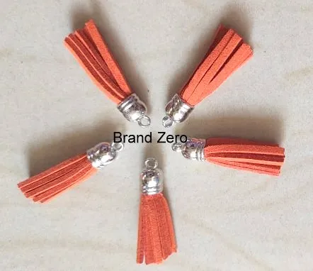 Brand Zero Leather Faux Suede Tassels - Orange Color With Silver Cap - Pack of 5