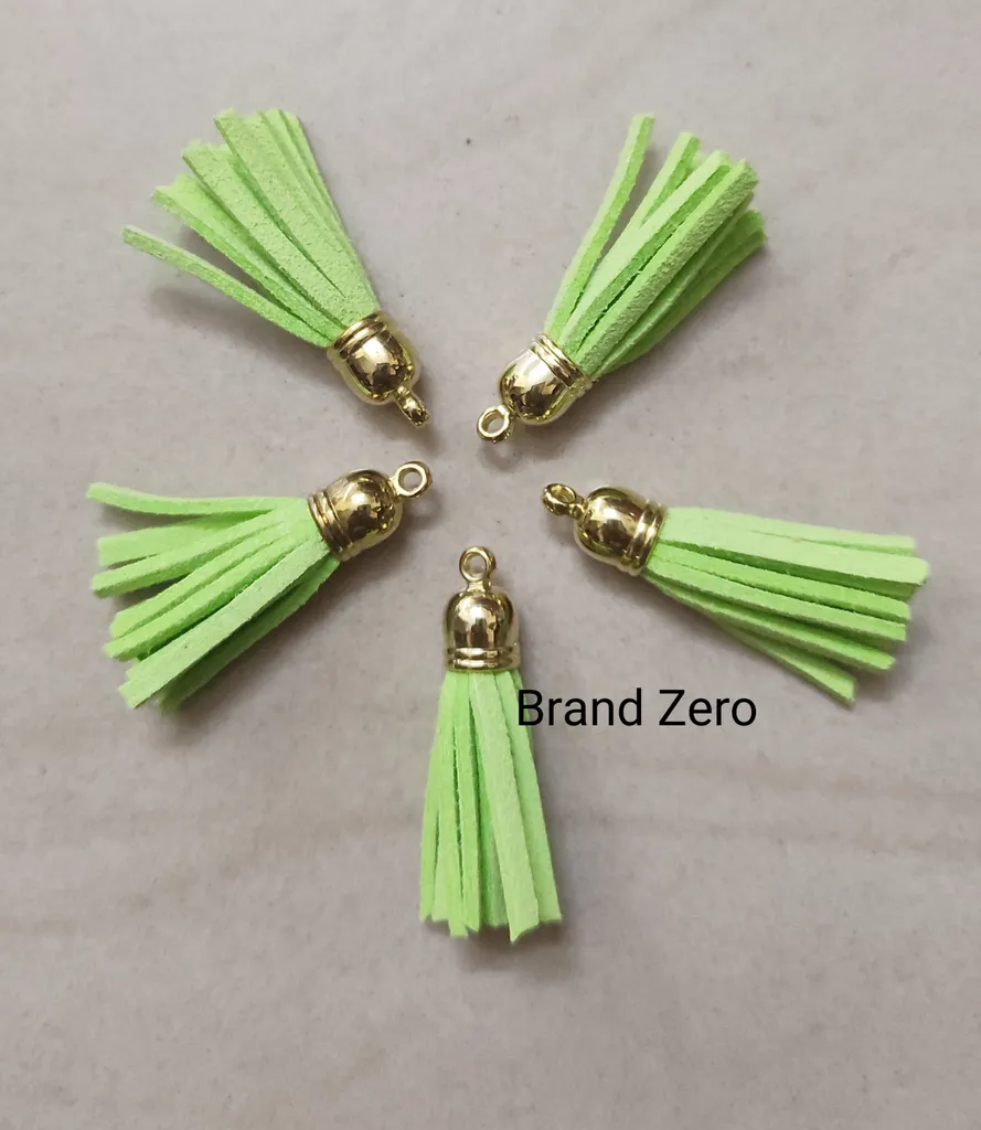 Brand Zero Leather Faux Suede Tassels - Parrot Green Color With Gold Cap - Pack of 5