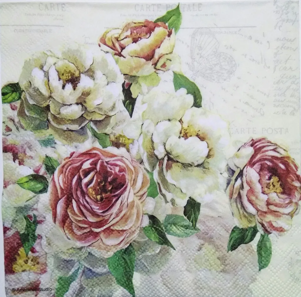 Decoupage Napkin / Tissue papers - 33cm by 33cm - White roses