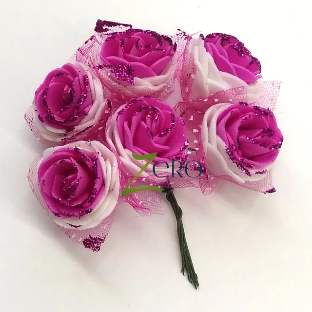 Bunch of 6 Pcs Hand Made Foam Flower Big With Glitter- Pink Color