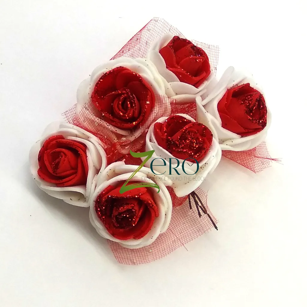 Bunch of 6 Pcs Hand Made Foam Flower Big With Glitter- Red Color