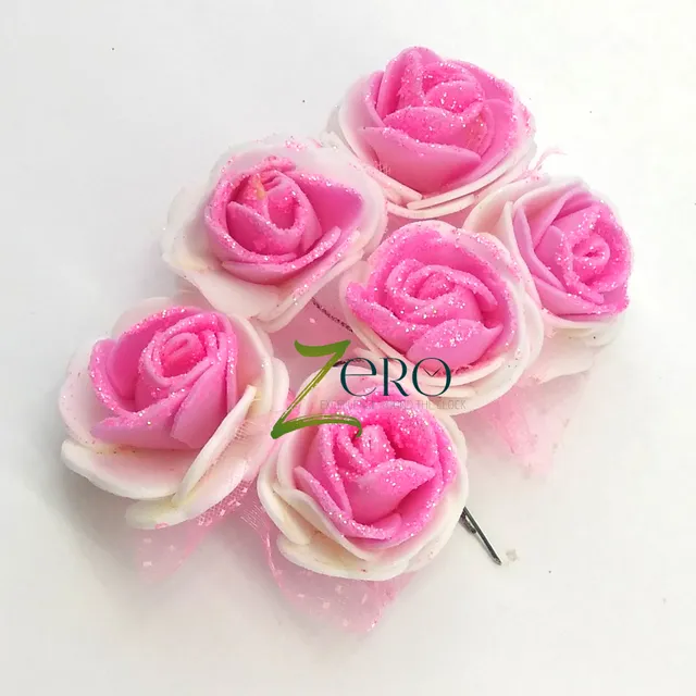 Bunch of 6 Pcs Hand Made Foam Flower Big With Glitter- Light Pink Color