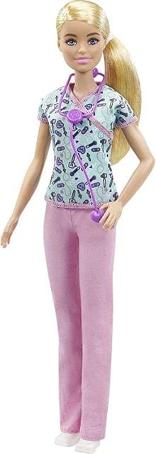 Barbie Nurse Blonde Doll (12-in/30.40-cm) with Scrubs Featuring a Medical Tool Print Top & Pink Pants, White Shoes & Stethoscope Accessory, Great Gift for Ages 3 Years Old & Up